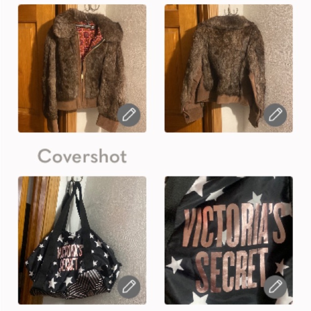 Rabbit🐰Fur/Suede coat SP+bag 17x14”+EUC Victorias Secret star⭐️tote/duffel bag